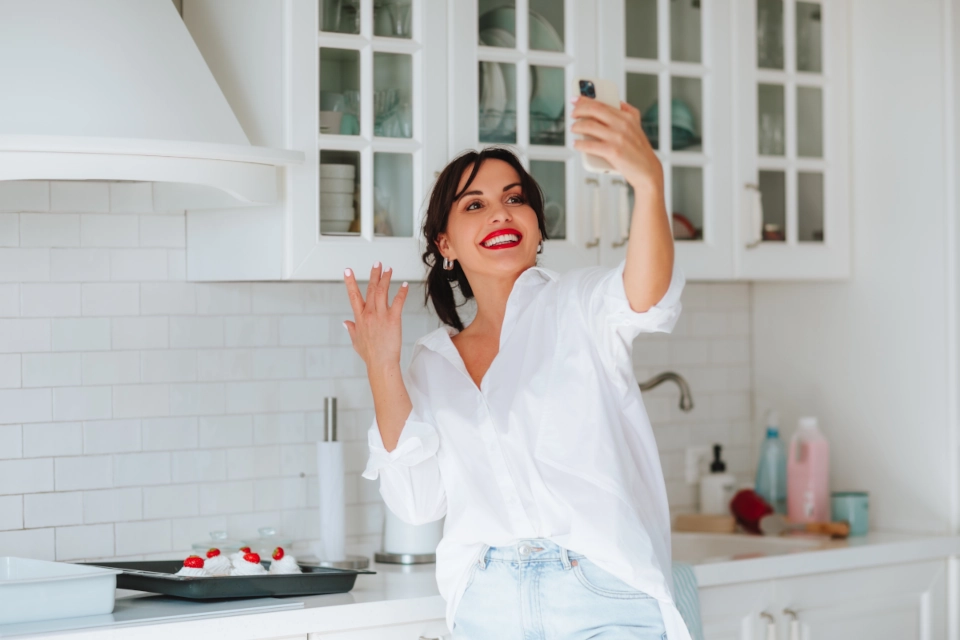 woman holding up a phone to take a selfie in a white kitchen